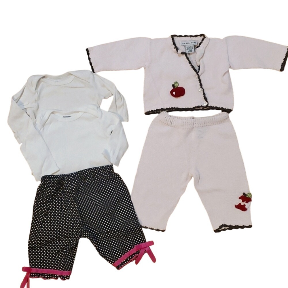 2 Girl Long Sleeve Outfits 3-6M Pink Apple Knit and Black Polka Dot‎
